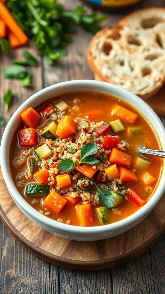 A bowl of quinoa vegetable soup with colorful vegetables and herbs on a rustic table with bread.
